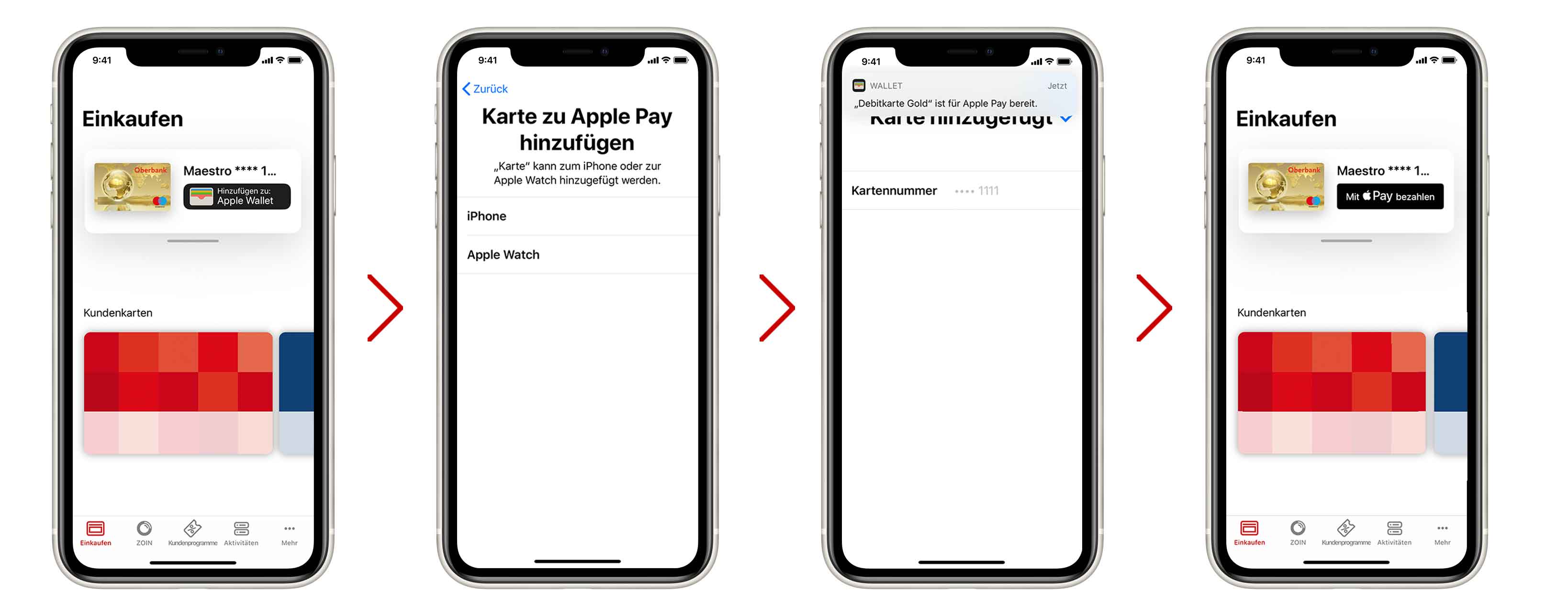 Karten zu Apple Pay hinzufügen Screenshots Aktivierung der Karte mit Hilfe der Oberbank Wallet App